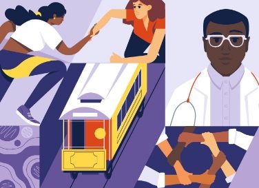 An illustration of united and supportive people and a doctor.